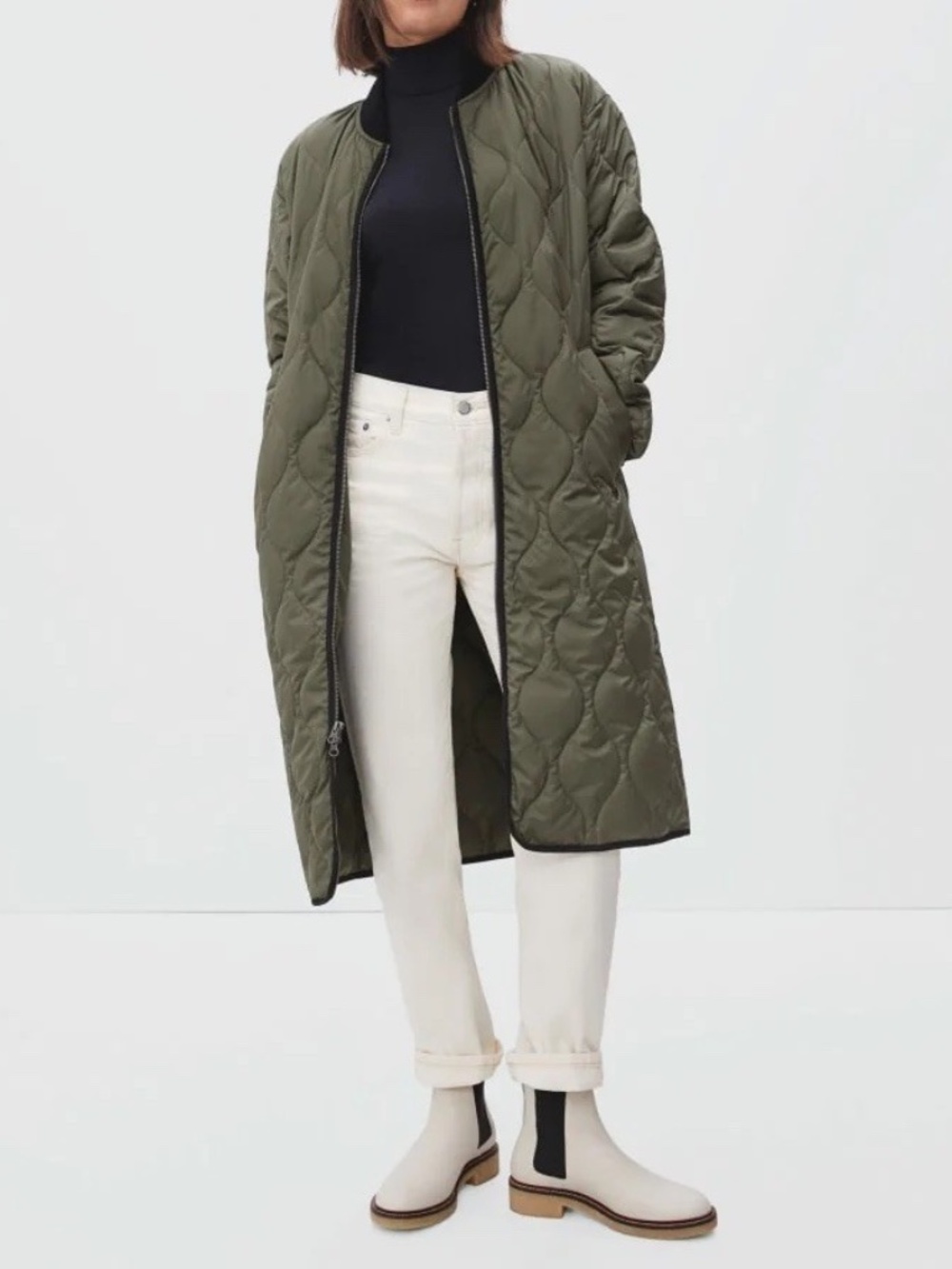 Everlane ReNew Long Liner Quilted Coat Olive Green XL Oversized Long Jacket